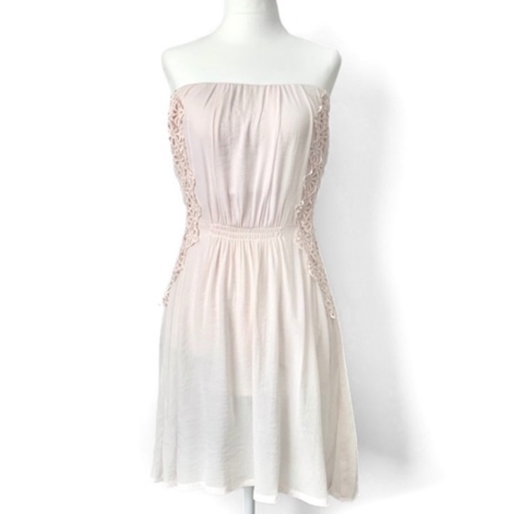 MAJE RELATION PINK CROCHET SATIN CREPE WOMEN’S STRAPLESS MINI DRESS